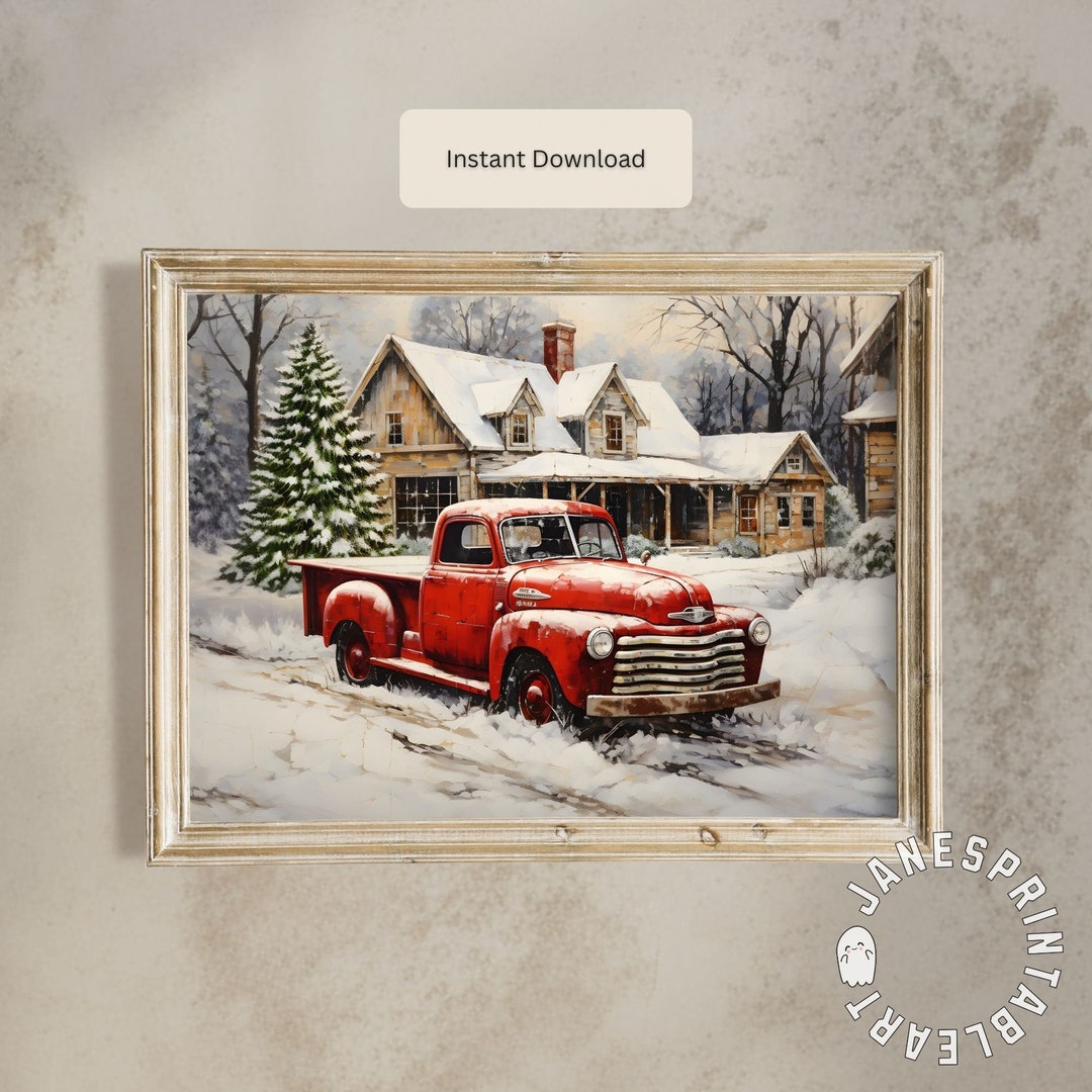 Red Truck Scene Print Digital Download, Vintage Truck Christmas ...