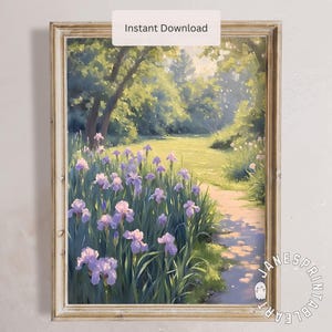 May include: A painting of a path through a forest with a field of purple irises in the foreground. The path leads to a clearing in the woods, where the sun is shining through the trees.