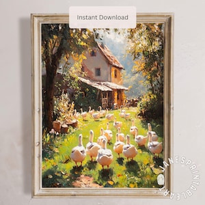 Original Goose Oil Painting Digital Download, Farm Animal Cute Nursery Wall Art Spring, Whimsical  White Geese Oil Painting Print Farmhouse