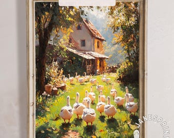 Original Goose Oil Painting Digital Download, Farm Animal Cute Nursery Wall Art Spring, Whimsical  White Geese Oil Painting Print Farmhouse