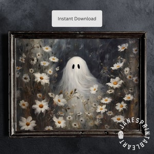 Floral Ghost Printable Art, Dark Academia Wall Decor Instant Download, Cute Daisy Ghost Painting, Adorable Halloween Wall Art to Print