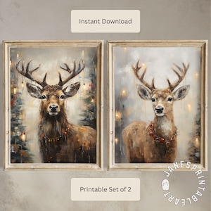 Warm Tones Wall Art Set of 2 Deer for Holiday Season Farmhouse Wall Decor Digital Download, Whimsical Rustic Painting of a Pair of Deer