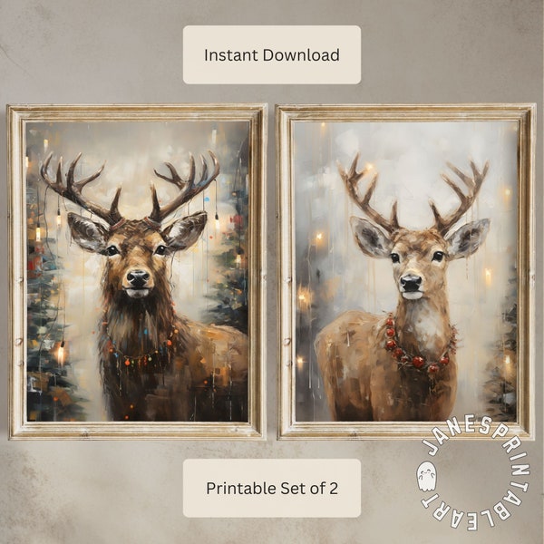 Warm Tones Wall Art Set of 2 Deer for Holiday Season Farmhouse Wall Decor Digital Download, Whimsical Rustic Painting of a Pair of Deer