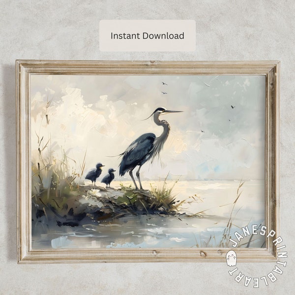 Black Heron Printable Wall Art, Vintage Coastal Print Digital Download, Heron and Its Fledglings Picture, Shoreline Bird Summer Nautical Art