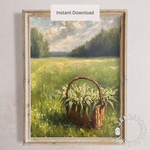 Lily of the Valley Printable Wall Art, Spring Meadow Oil Painting Digital Download, Floral Poster May, Lily Valley Botanical Art Print