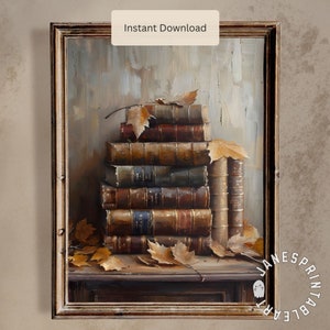May include: A stack of vintage leather-bound books with gold accents sits on a wooden shelf. Dried leaves are scattered around the books, creating a warm, autumnal feel.