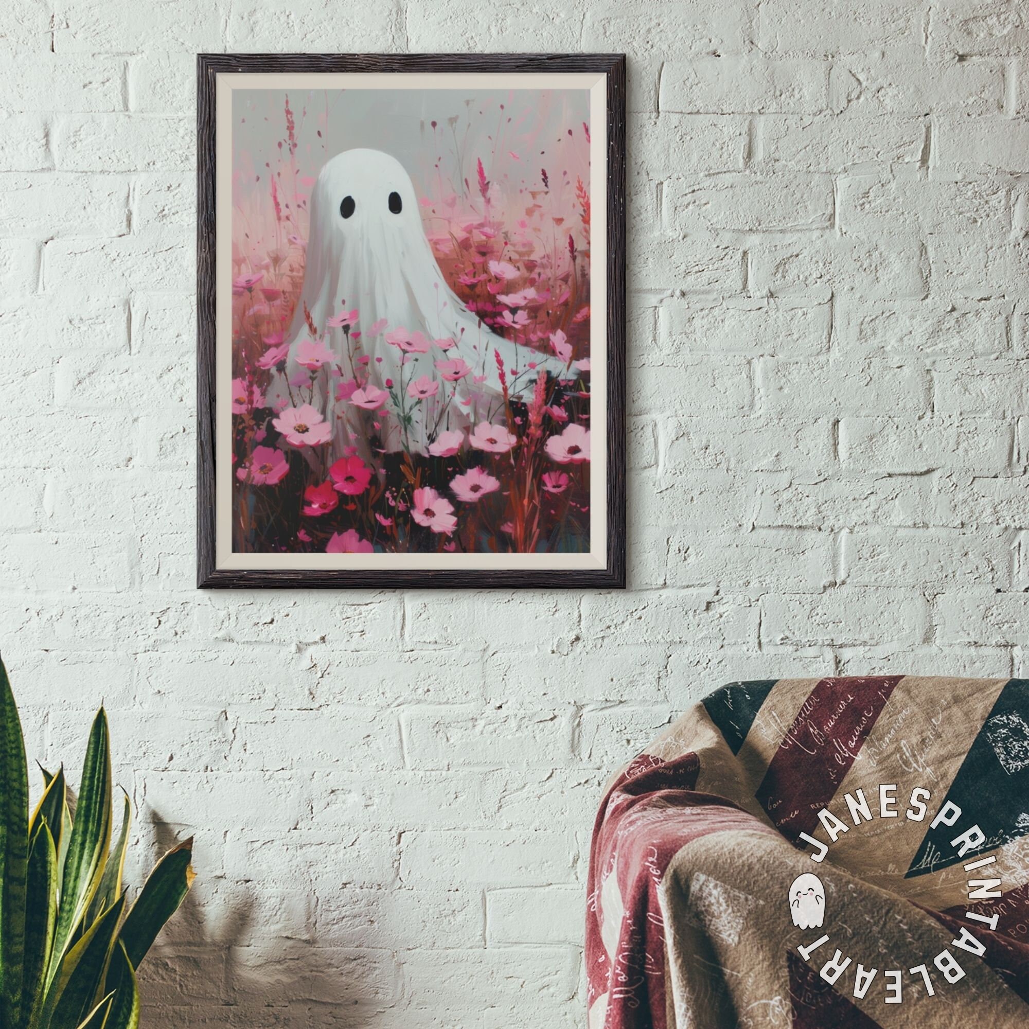 Cute Girly Ghost Among Pink Flowers Spooky Season Printable Wall Art ...