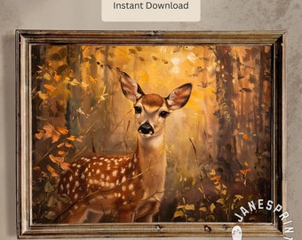 Lindo ciervo en un paisaje otoñal de bosque, lámina decorativa para imprimir, pintura digital de animales del bosque otoñal, lámina artística de un joven ciervo en el bosque.