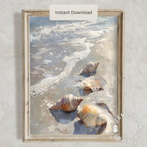 Vintage Seashell Print Digital Download, Coastal Wall Art Printable Beach House Decor, Nautical Print Vertical Shells Painting Downloadable