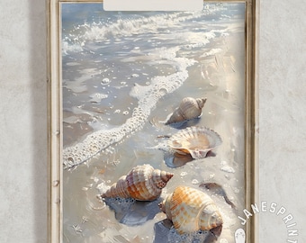 Vintage Seashell Print Digital Download, Coastal Wall Art Printable Beach House Decor, Nautical Print Vertical Shells Painting Downloadable