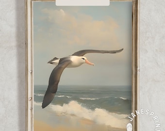 Albatross Bird Printable Wall Art, Vintage Seascape Print Digital Download, Coastal Bird Summer Wall Decor, Blue Seaside Landscape Painting