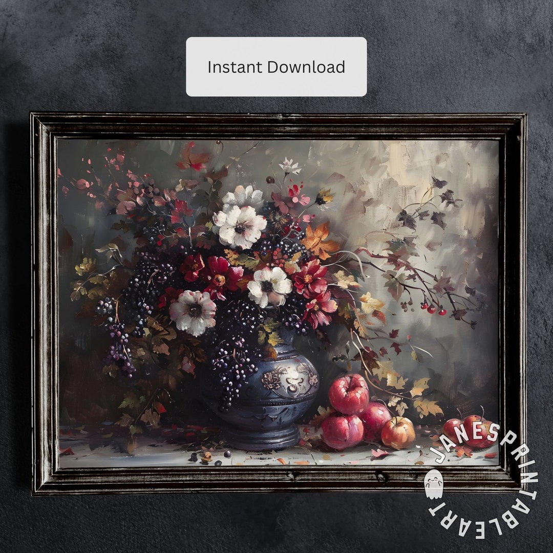 Moody Floral Art Print Digital Download, Dark Tones Floral Still Life ...