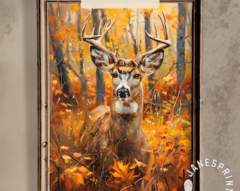 Majestic Forest Deer Fall Decor Digital Print, Woodland Animal Printable Wall Art, Deer in the Woods Painting Downloadable Autumn Wall Print