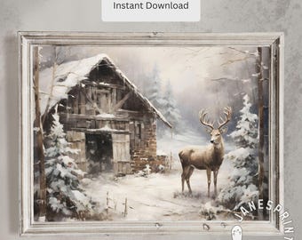 Muted Winter Print of a Reindeer in the Woods, Nostalgic Moody Winter Printable Picture for Farmhouse Wall Decor, Snowy Landscape Xmas Art
