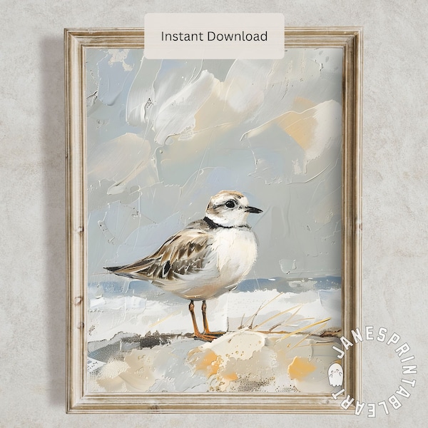 Cute Piping Plover Bird on the Beach Printable Wall Art, Coastal Farmhouse Summer Wall Decor, Vintage Shoreline Bird Print Digital Download