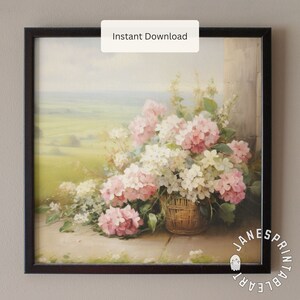 May include: A painting of a bouquet of pink and white hydrangeas in a wicker basket. The flowers are spilling out of the basket and are resting on a stone surface. The background is a field of green grass and a blue sky.