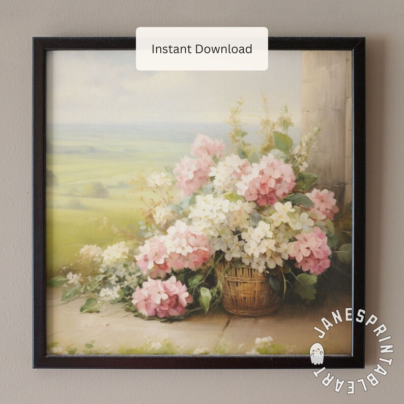 May include: A painting of a bouquet of pink and white hydrangeas in a wicker basket. The flowers are spilling out of the basket and are resting on a stone surface. The background is a field of green grass and a blue sky.