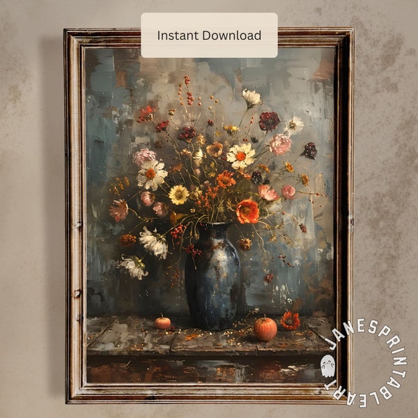 Fall Floral Still Life Digital Download, Autumn Flowers in a Blue Vase Printable Wall Art, Vintage Autumnal Farmhouse Decor Instant Download