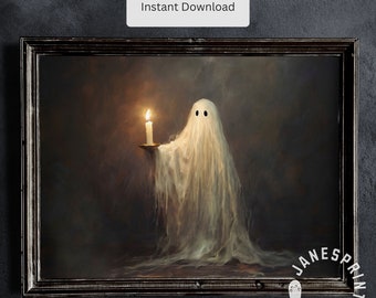 Cute Small Ghost Holding Candle Victorian Panting Printable, Dark Academia Room Decor Instant Download, Spooky Halloween Ghost Digital Art