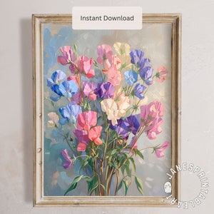 Sweet Pea Flower Picture Digital Download, Blooming Sweetpea Printable Wall Art, Floral Farmhouse Cottagecore Decor Downloadable Art Print