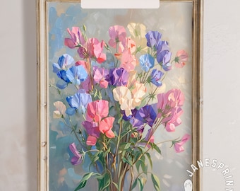 Sweet Pea Flower Picture Digital Download, Blooming Sweetpea Printable Wall Art, Floral Farmhouse Cottagecore Decor Downloadable Art Print