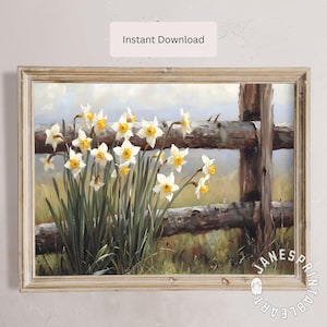 White Daffodils Digital Print Instant Download, Rustic Floral Painting Printable Wall Art, Country Flowers Poster Farmhouse Spring Decor