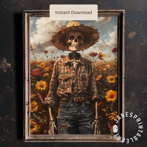 以下が含まれることがあります： わら帽子、格子縞のシャツ、ジーンズを身に着けた骸骨の姿が、ひまわり畑に立っている。骸骨の骨は見え、ひまわりは様々な開花段階にある。