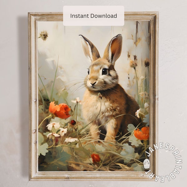 Cute Bunny Rabbit Art Print Digital Download, Baby Bunny in Wildflowers Nursery Wall Picture, Red Poppy Meadow Painting Summer Floral Decor