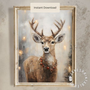 Impressão de rena de inverno aconchegante, download instantâneo, download digital de arte de parede de cervo de Natal de fazenda, rena rústica para impressão de arte de parede de Natal