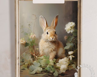Arte de parede digital para download com coelho floral, coelho fofo em meio a delicadas flores da primavera, decoração de parede para casa de campo com tema de primavera.