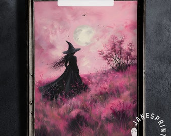 Pink Witch Print Digital Download, Pink Halloween Decor Indoor Printable Wall Art, Digital Vintage Magenta Pink Halloween Witch Art Print