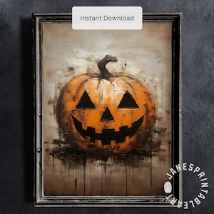Jack-o&#39;-lantern Printable Wall Art, Spooky Halloween Season Digital Print with Pumpkin, Dark Academia Painting, Vintage Fall Wall Print