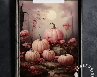 Pink Halloween Digital Download Wall Art, Spooky Season Pastel Pumpkin to Print, Pink Fall Decor Printable Painting, Vintage Halloween Print