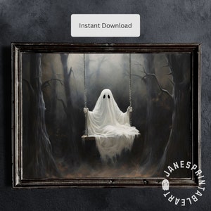 Süßer Geist auf der Schaukel Kunstdruck, Dark Academia Spooky Wandkunst, Haunted Decor Wand druckbare, kleiner Geist auf der Schaukel Digital Download