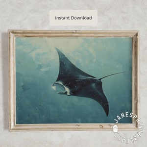 Tiefblaue Nautische druckbare Wandkunst, Vintage Mantarochen Druck Digitaler Download, Ozean Tier Malerei Sommer Nautik Strand Haus Dekor