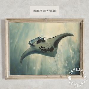 Vintage Manta Ray Wanddruck, Ocean Life druckbare Wandkunst, Oceanic Tier Bild Küstenbauernhausdekor, Sea Life Ray Wandkunst Download
