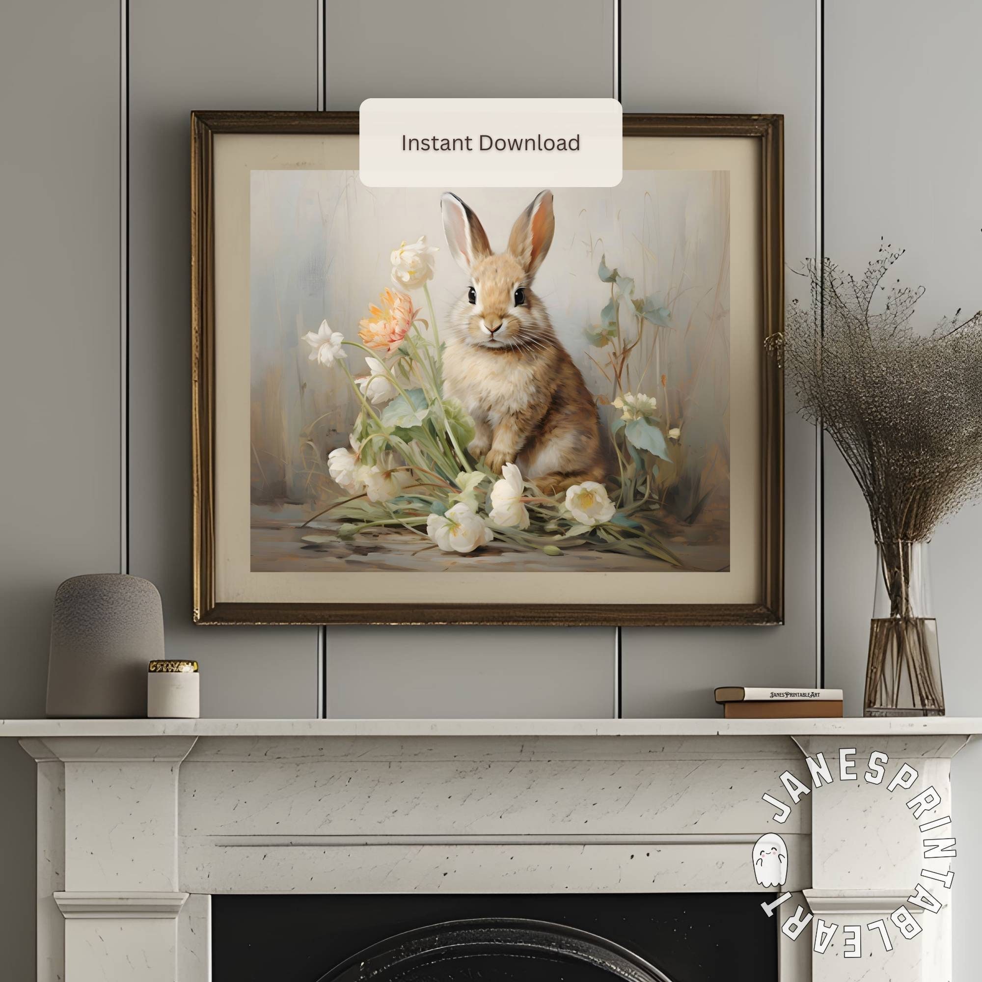 Spring Bunny Rabbit Printable Wall Art Digital Download, Floral Bunny ...