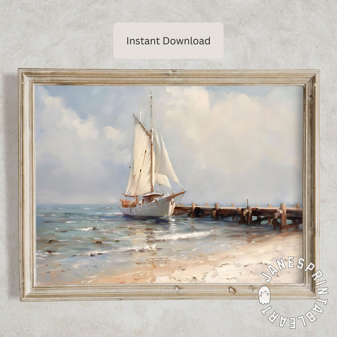 Vintage Sailboat Print Digital Download, Neutral Printable Coastal Wall ...