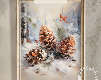 Winter Forest Landscape with Pinecones Printable Wall Art, Vintage Christmas Print Digital Download, Pine Cones in the Snowy Woods Picture