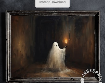 Ghost Holding a Candle Print Instant Download, Gothic Oil Painting, Ghostly Halloween Picture Landscape, Portrait of Ghost with Candlelight