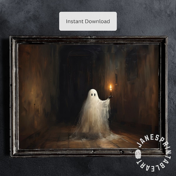 Ghost Holding a Candle Print Instant Download, Gothic Oil Painting, Ghostly Halloween Picture Landscape, Portrait of Ghost with Candlelight