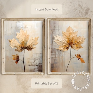 Digital Art Set of 2 Fall Leaves Instant Download, Minimalist Autumn Print Set of Two Art Pieces, Elegant Farmhouse Fall Printable Wall Art