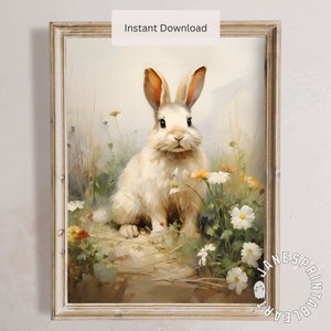 Imagen imprimible de conejito blanco para descargar digitalmente, lámina de conejo del bosque para decoración de guardería, lámina imprimible de conejito de Pascua para amantes de la naturaleza.