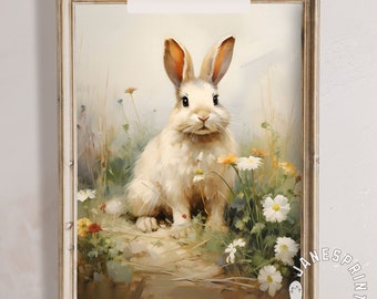 May include: A white rabbit with brown ears sits in a field of wildflowers. The rabbit is looking directly at the viewer. The background is a soft, blurry green and white.