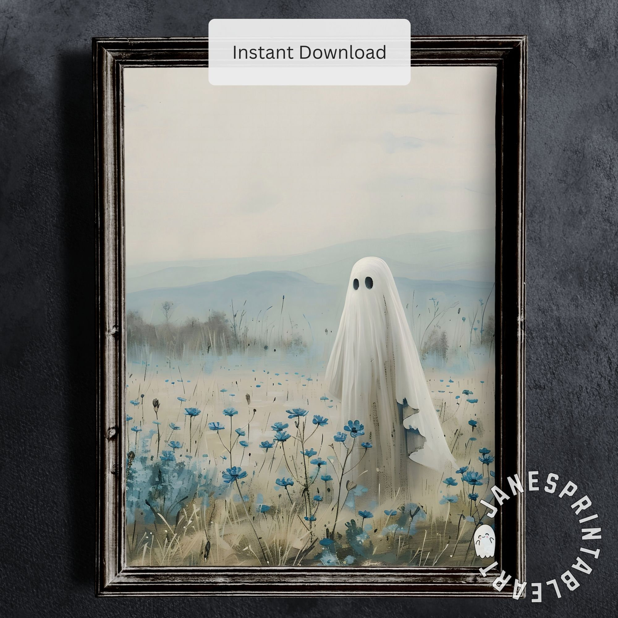 Floral Ghost Wall Art Instant Download, Ghost in Blue Wildflowers Field ...