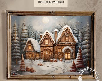 May include: A framed print depicting a winter scene with gingerbread houses under snow, illuminated windows, and a full moon. The artwork shows snow-covered pine trees and a path leading to the houses. The text "Instant Download" is visible.