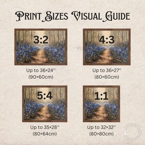May include: A visual guide to print sizes for artwork, showing four different aspect ratios: 3:2, 4:3, 5:4, and 1:1. Each ratio is illustrated with a picture of a path through a forest with blue flowers. The image includes the maximum print size in inches and centimeters for each ratio.