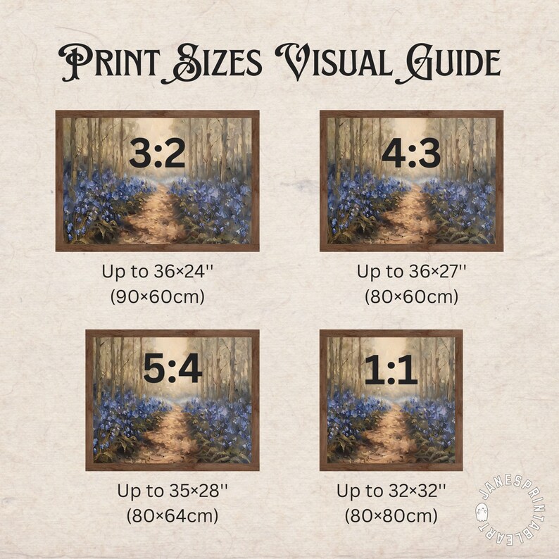 May include: A visual guide to print sizes for artwork, showing four different aspect ratios: 3:2, 4:3, 5:4, and 1:1. Each ratio is illustrated with a picture of a path through a forest with blue flowers. The image includes the maximum print size in inches and centimeters for each ratio.