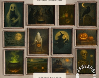 May include: A collection of 12 framed Halloween-themed art prints. The prints feature ghosts, witches, pumpkins, and other spooky imagery. The text "Instant Download" and "Printable Set of 25" are visible.