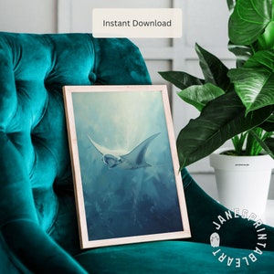 Blautöne Sea Life Kunstdruck, Manta Ray druckbare Wandkunst, Vintage Ocean Kunstdruck Digitaler Download, Sommer Nautik Rochen Bild zum Drucken
